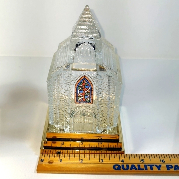 Two Vintage Avon Light Up Clear Pressed Art Glass of Church with Gold Base - Picture 9 of 16